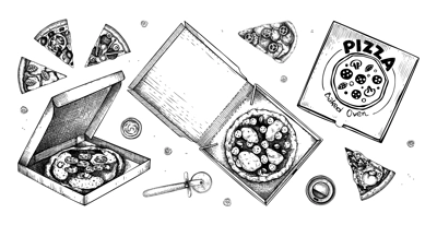 Pizza in paper box sketches set. Hand-drawn vector illustration. Vintage fast food drawing. Food delivery design element. Take away box package. Italian cuisine menu